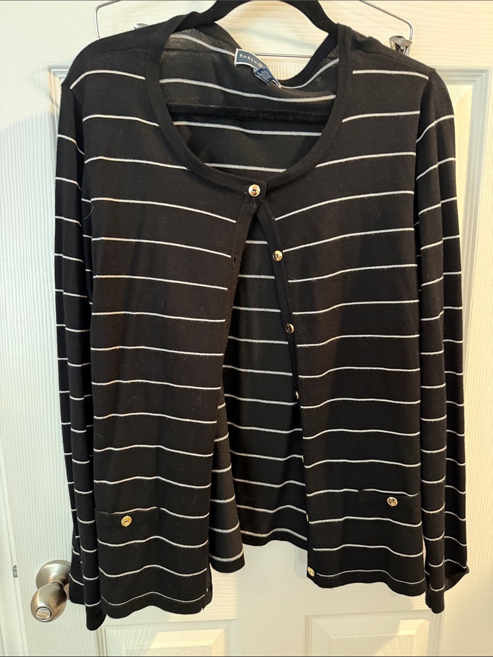 Karen Scott Black Striped Button-Front Cardigan
